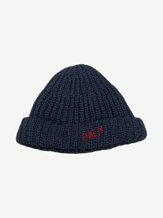 Paly Hollywood hand-knit beanie in royal blue chunky knit with embroidered Paly logo on folded cuff.
