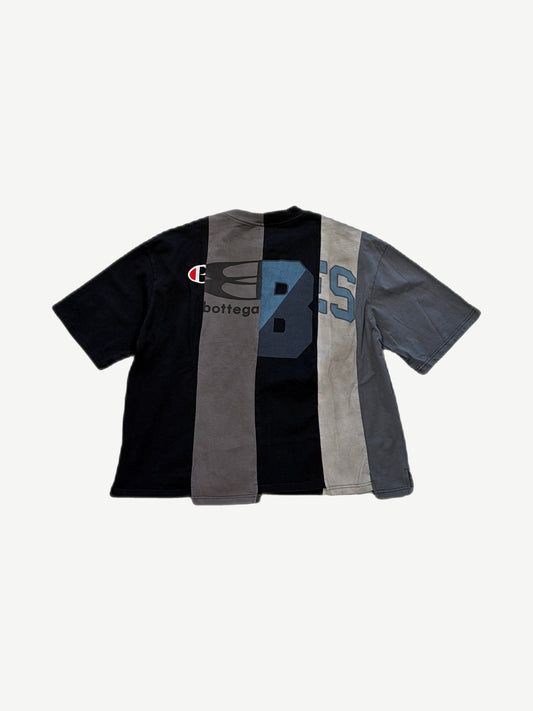 Bottega Desires Ransom tee back with Champion logo and large blue letter B reconstructed paneled body