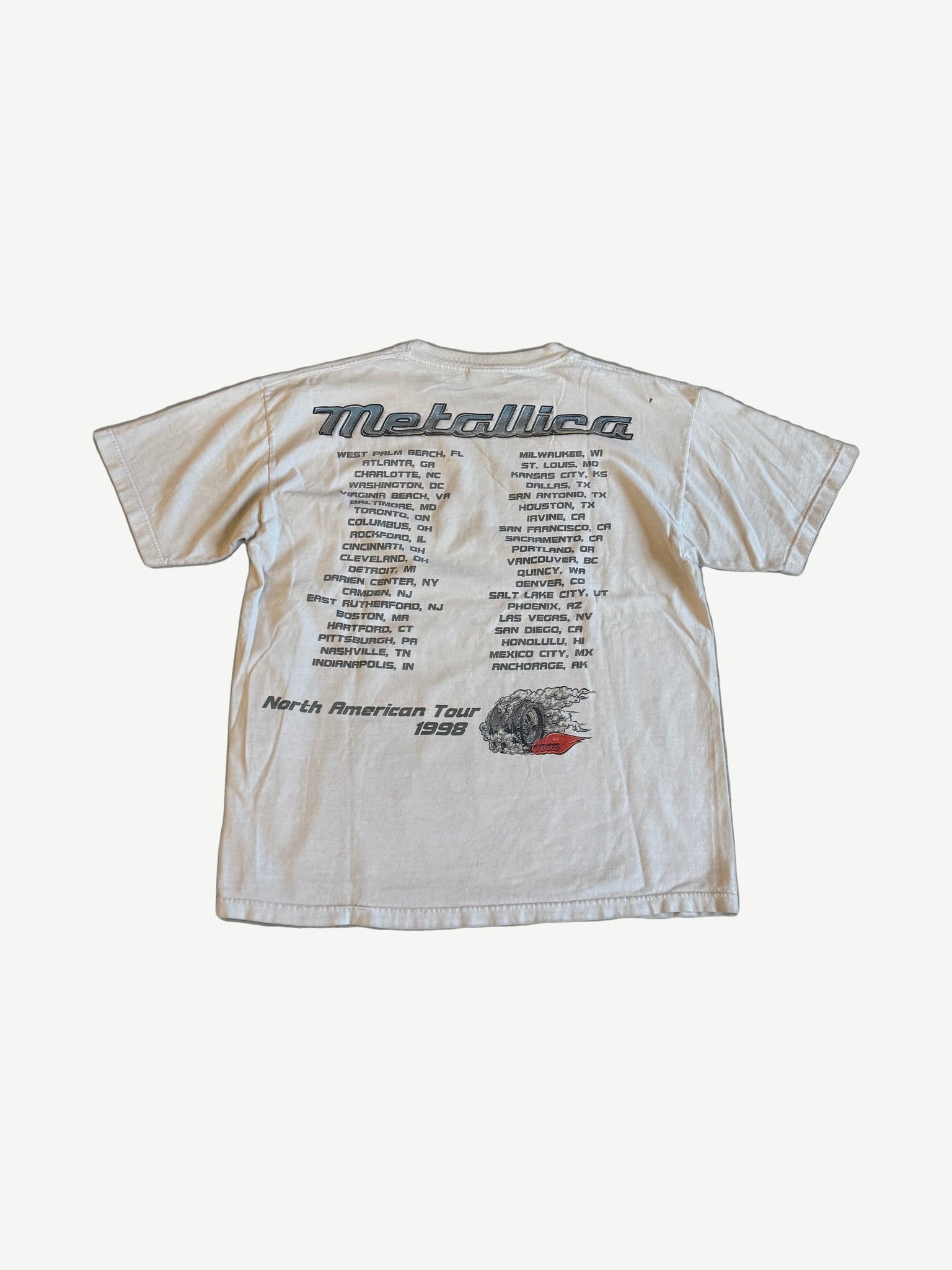 Vintage Metallica Gimme Fuel 1998 North American Tour tee back with city list and tire smoke logo
