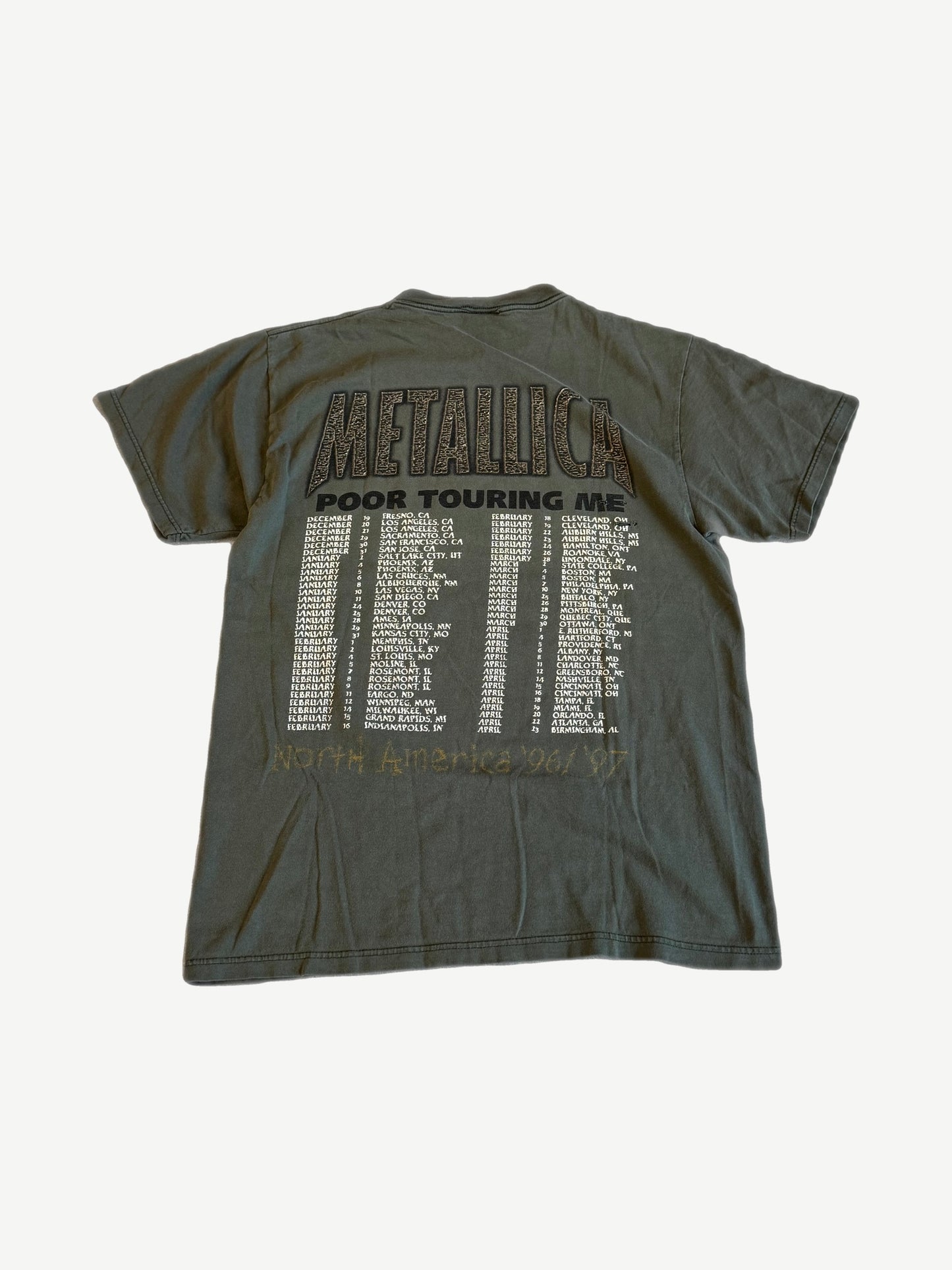Vintage Metallica Poor Touring Me 1996-97 tour tee back in olive green with North America tour dates list