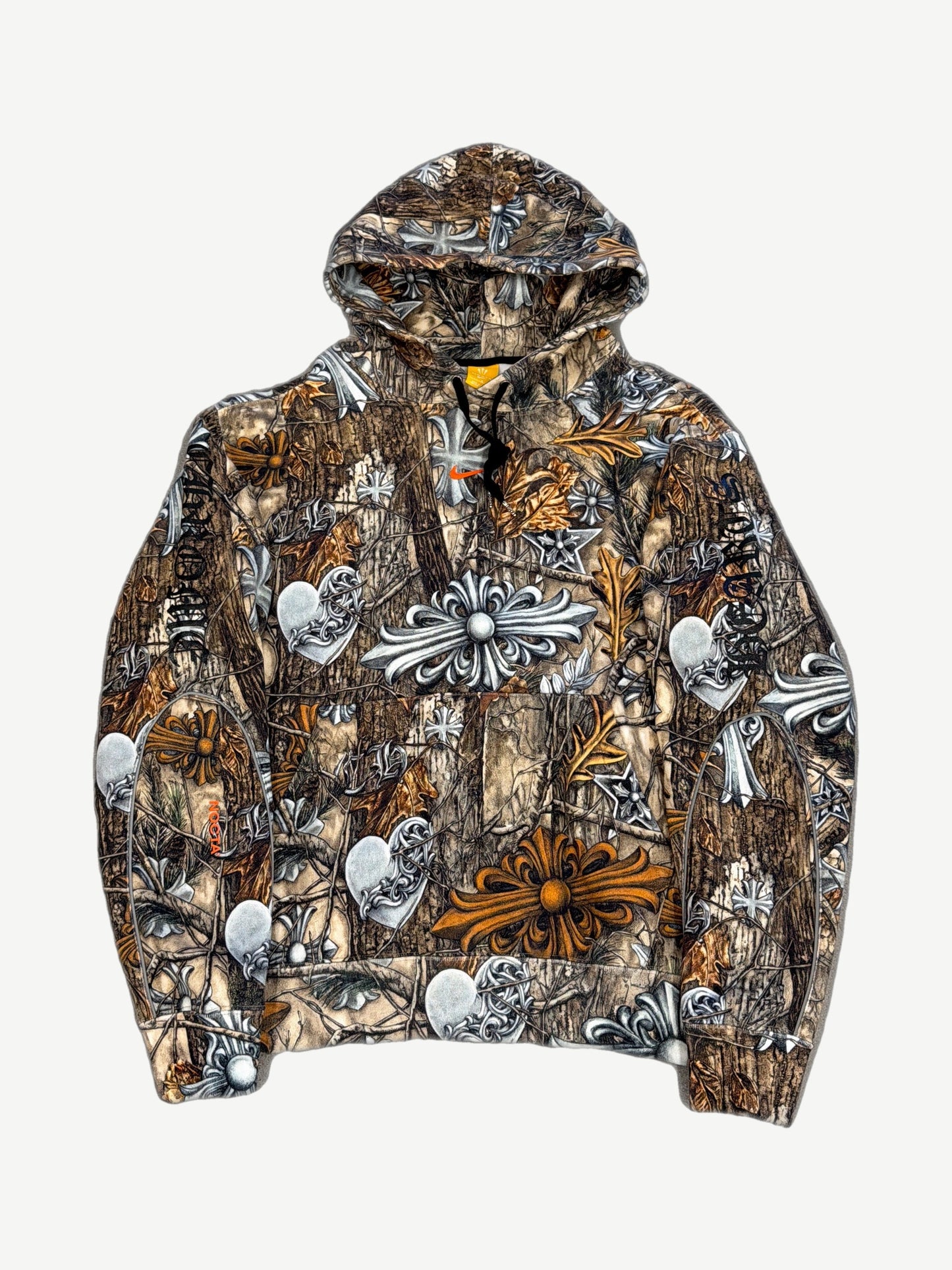 Chrome Hearts Nike NOCTA Drake camo pullover hoodie front view with green tan camouflage print and kangaroo pocket