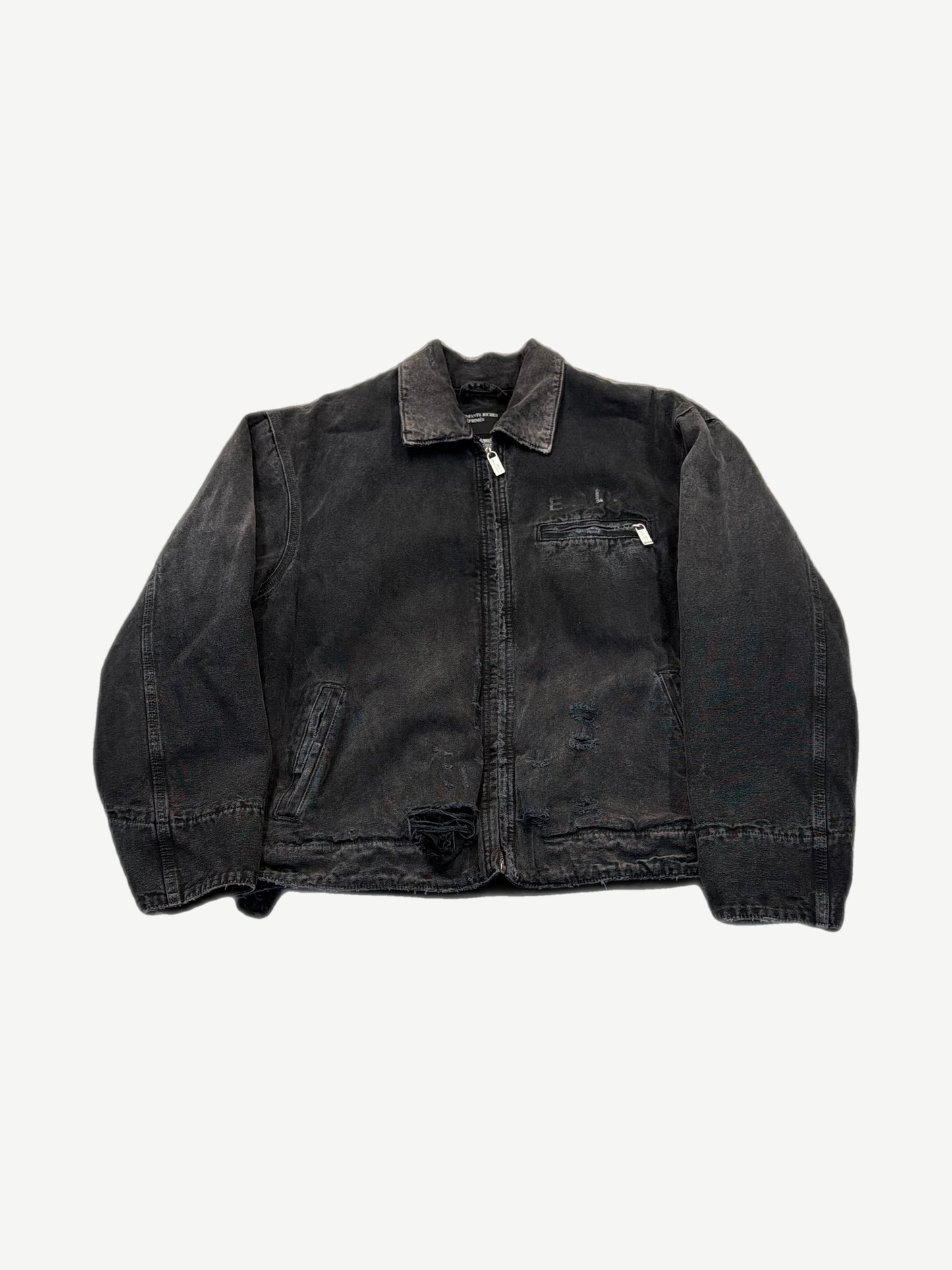 Enfants Riches Deprimes faded black distressed canvas work jacket front with corduroy collar and zip.