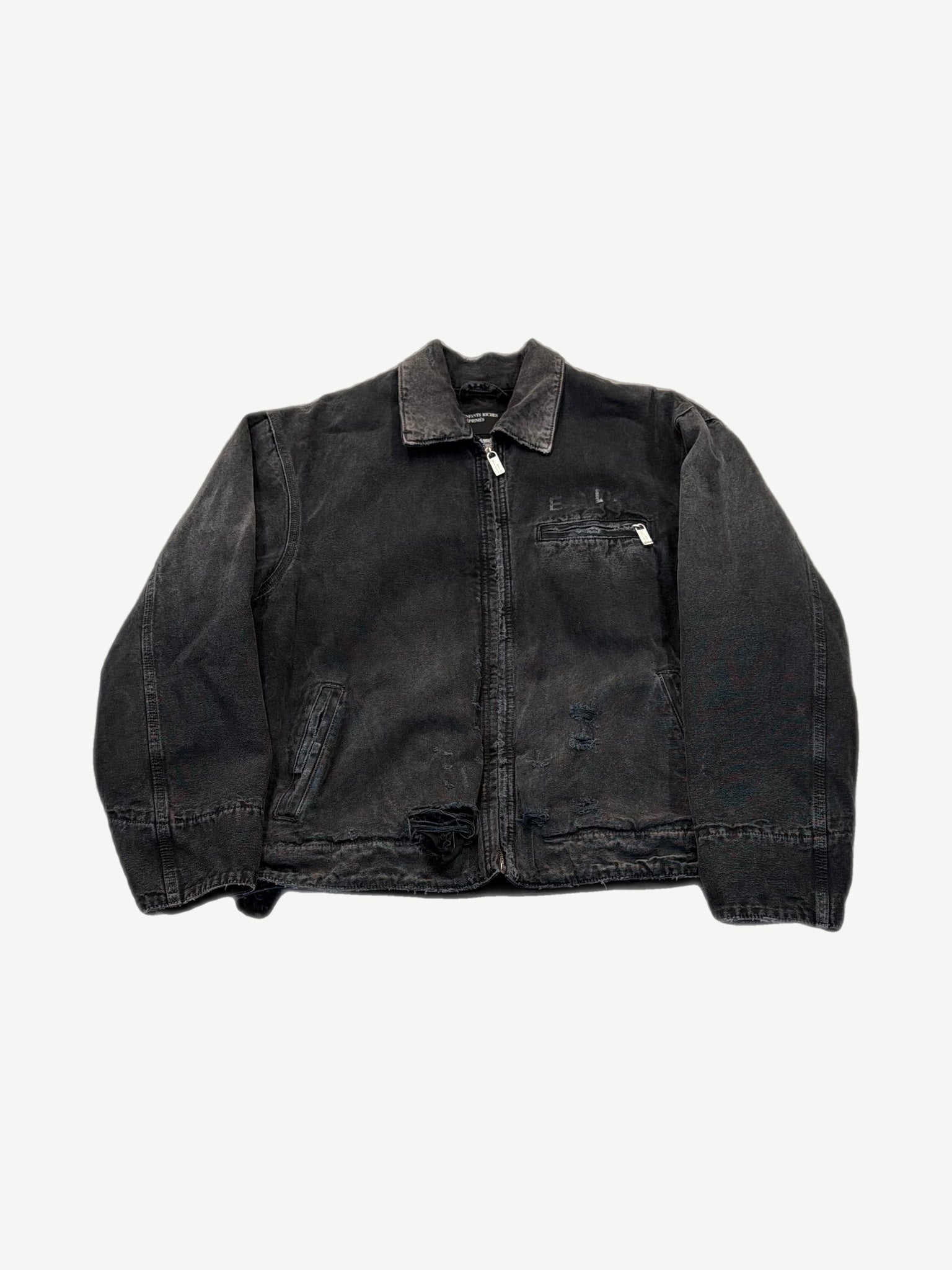 Enfants Riches Deprimes faded black distressed canvas work jacket front with corduroy collar and zip.