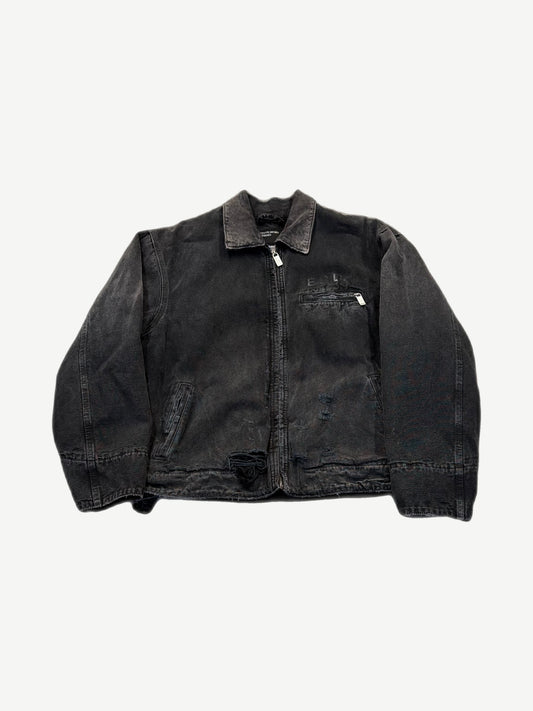 Enfants Riches Deprimes faded black distressed canvas work jacket front with corduroy collar and zip.