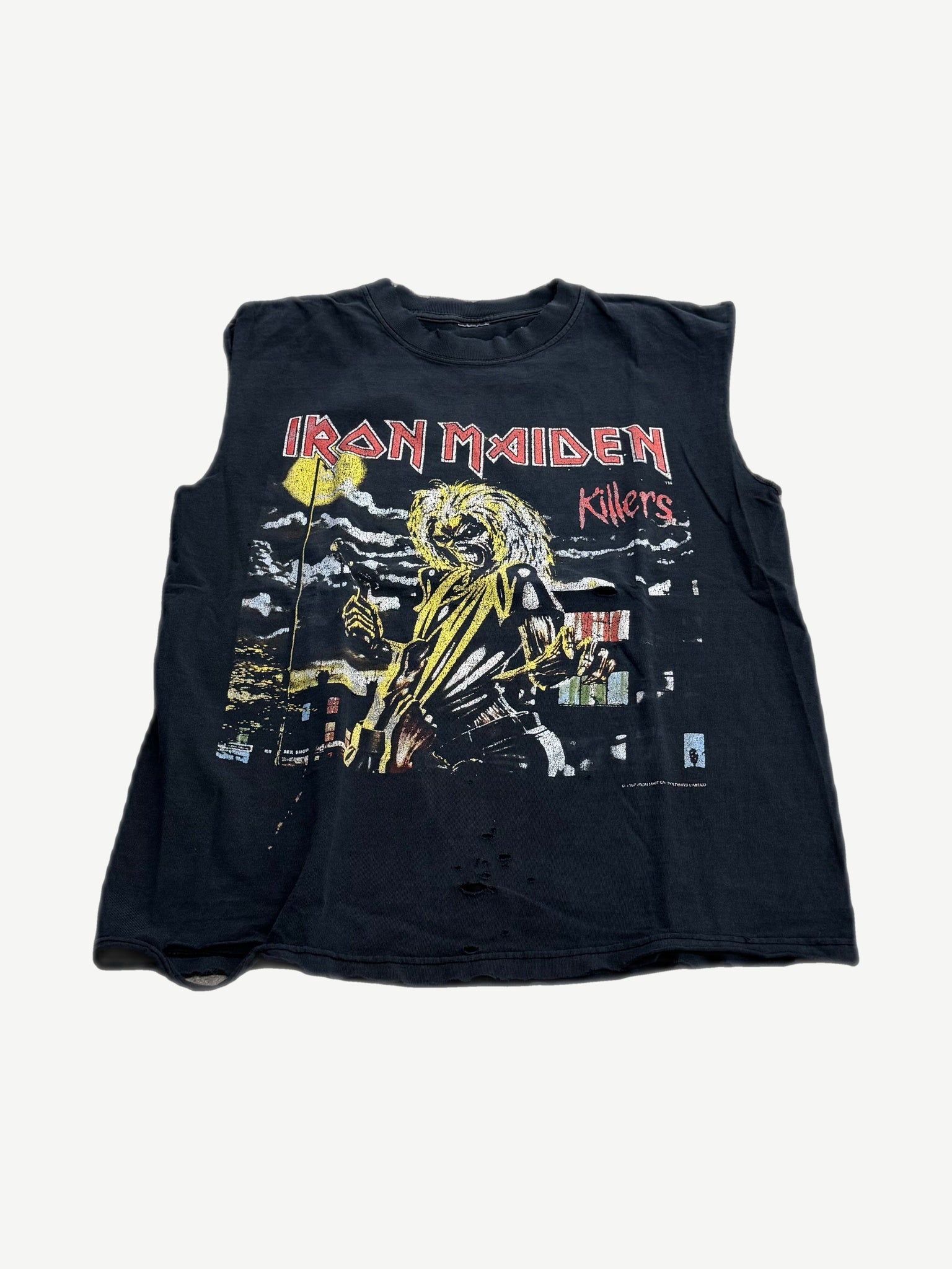 Vintage Iron Maiden Killers black cutoff tee with red logo and Eddie axe graphic over distressed jersey