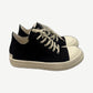 Rick Owens DRKSHDW Concordians black canvas low-top sneaker side profile with cream rubber cap toe and platform sole
