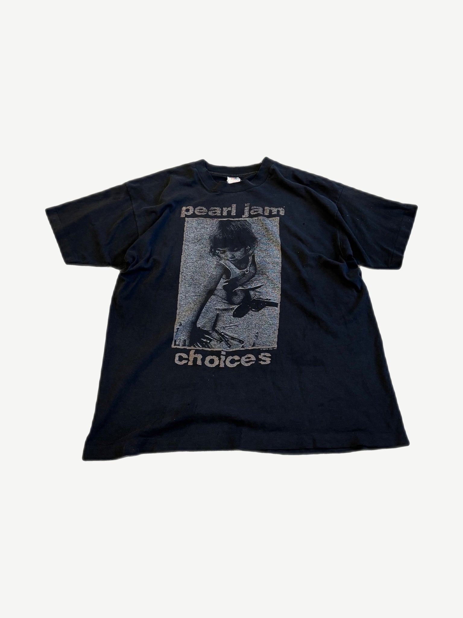 Vintage Pearl Jam Choices black concert tee with grayscale photo print of crouching child and band text.