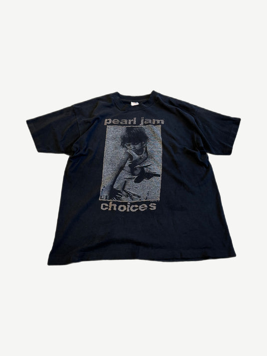 Vintage Pearl Jam Choices black concert tee with grayscale photo print of crouching child and band text.