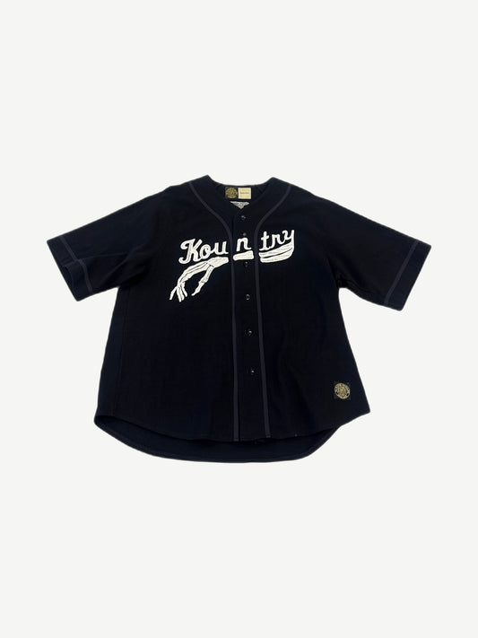 Kapital Kountry black wool baseball jersey with chain-stitch script logo and skeletal hand graphic