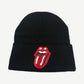 Chrome Hearts black cuffed beanie with red Rolling Stones tongue and lips leather patch on front