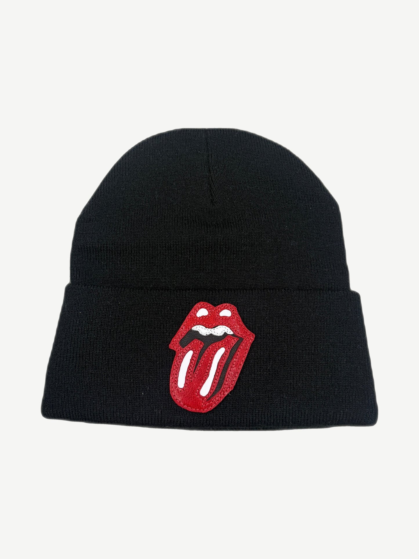 Chrome Hearts black cuffed beanie with red Rolling Stones tongue and lips leather patch on front
