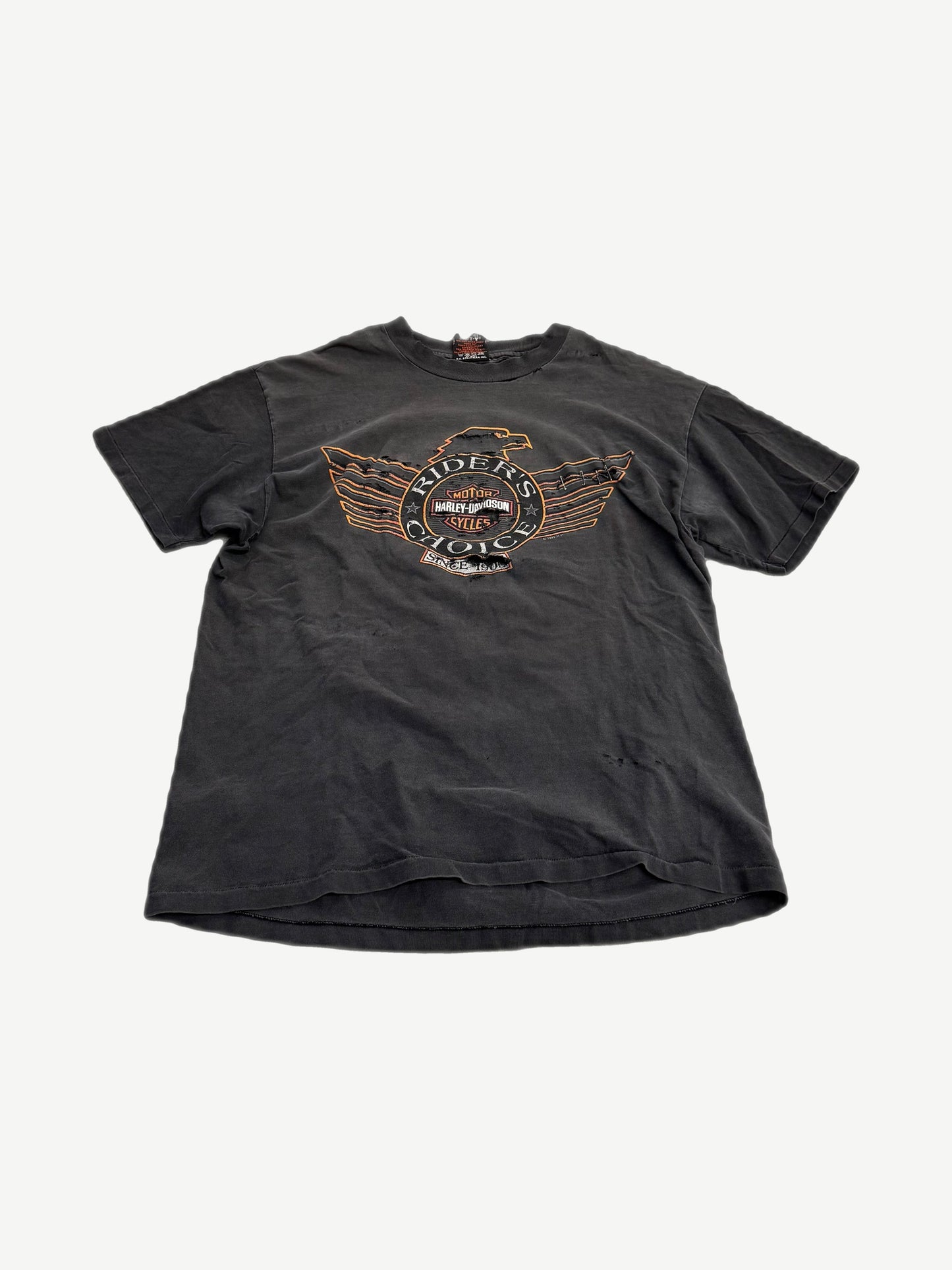 Vintage thrashed black Harley Davidson Rider's Choice tee with eagle wings and orange motor cycles logo print