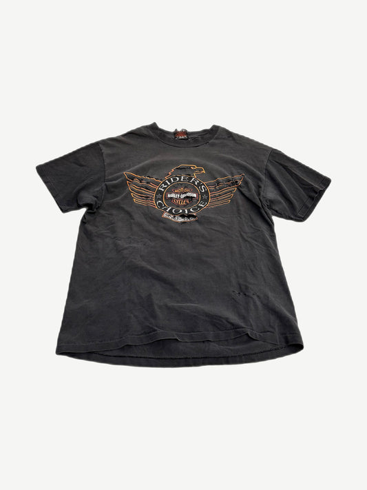 Vintage thrashed black Harley Davidson Rider's Choice tee with eagle wings and orange motor cycles logo print