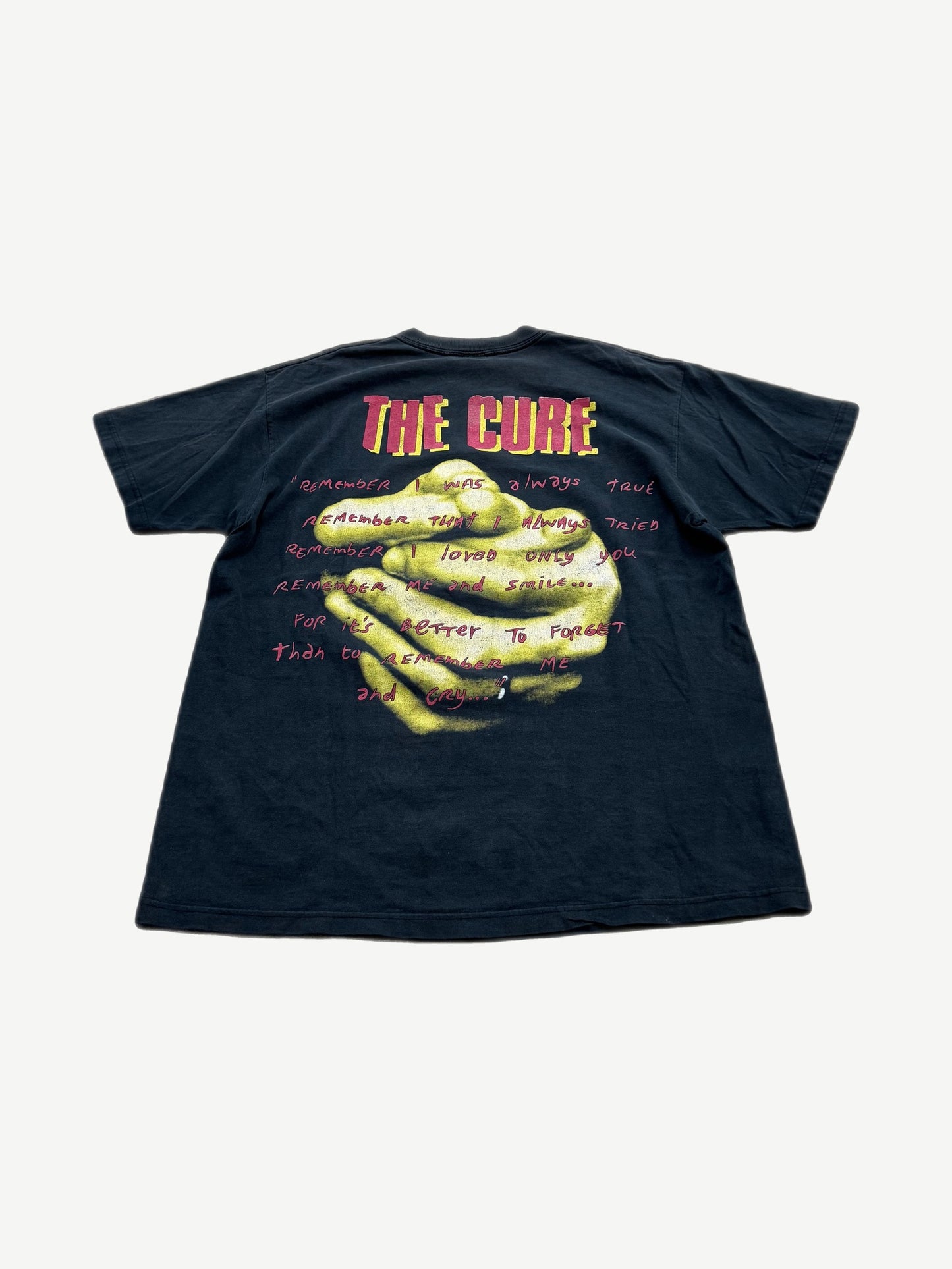 Vintage The Cure Mood Swings tour tee with yellow clasped hands graphic and red handwritten lyric back print.