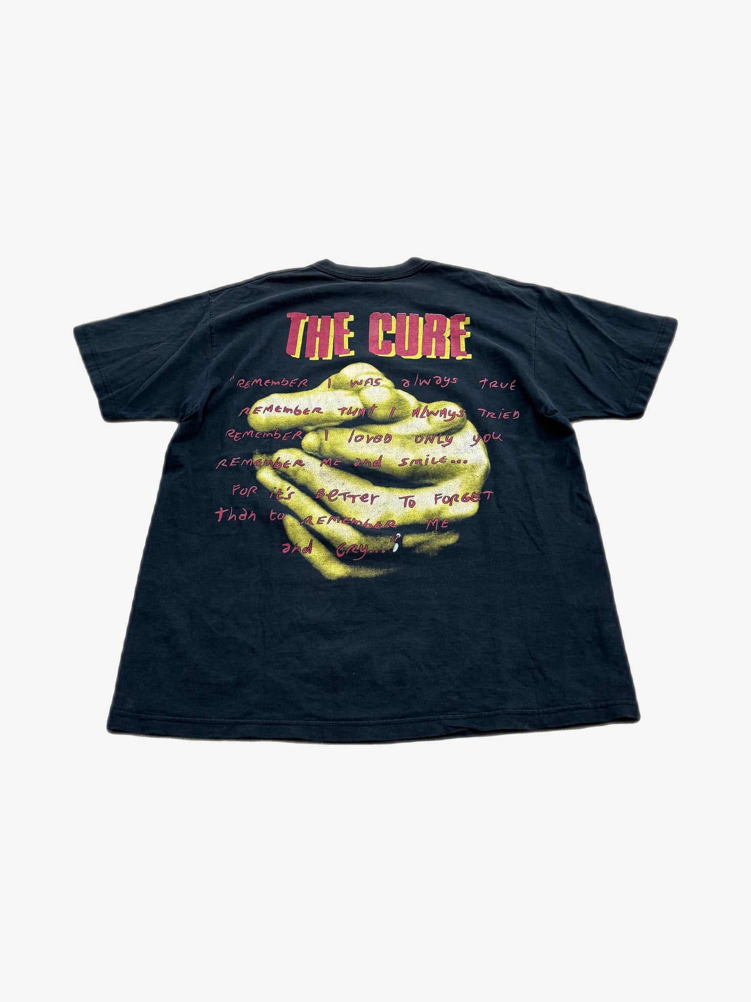 Vintage The Cure Mood Swings tour tee with yellow clasped hands graphic and red handwritten lyric back print.