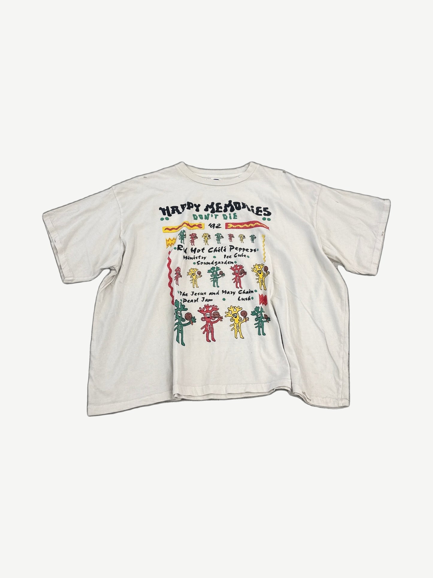 HMDD cream Rasta festival tee with vintage-style red, yellow and green graphic and weathered print finish.
