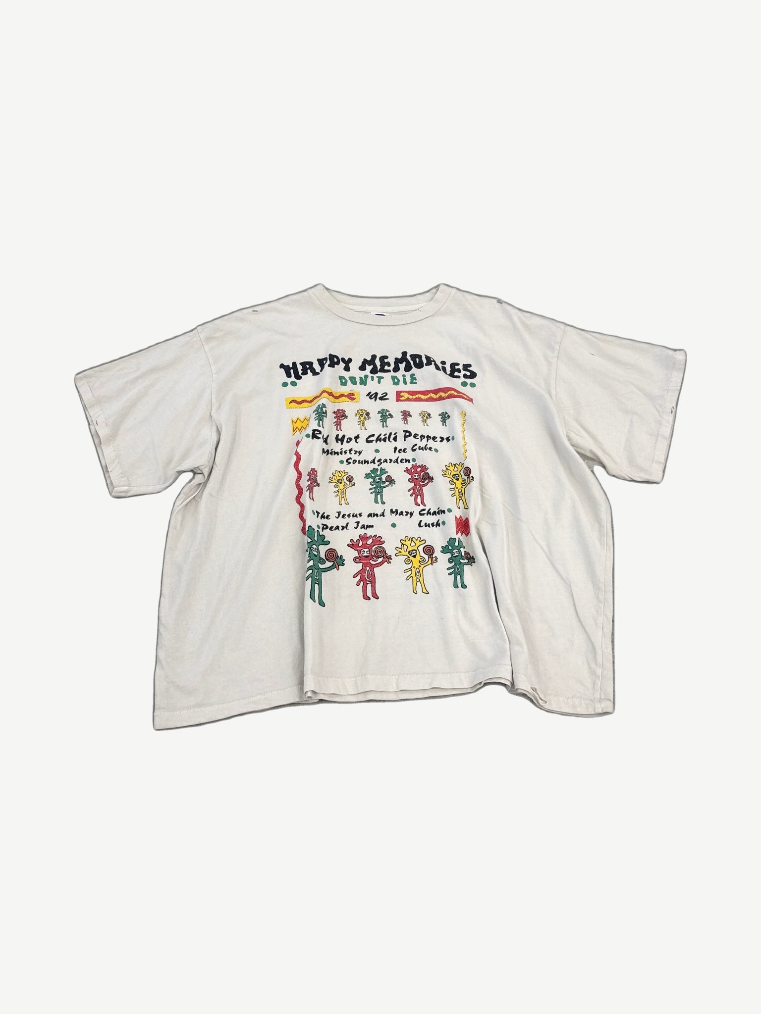 HMDD cream Rasta festival tee with vintage-style red, yellow and green graphic and weathered print finish.