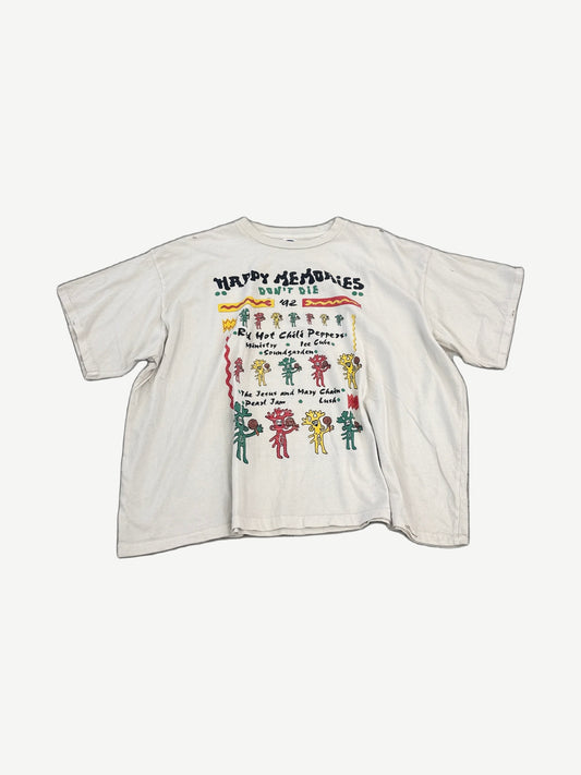 HMDD cream Rasta festival tee with vintage-style red, yellow and green graphic and weathered print finish.