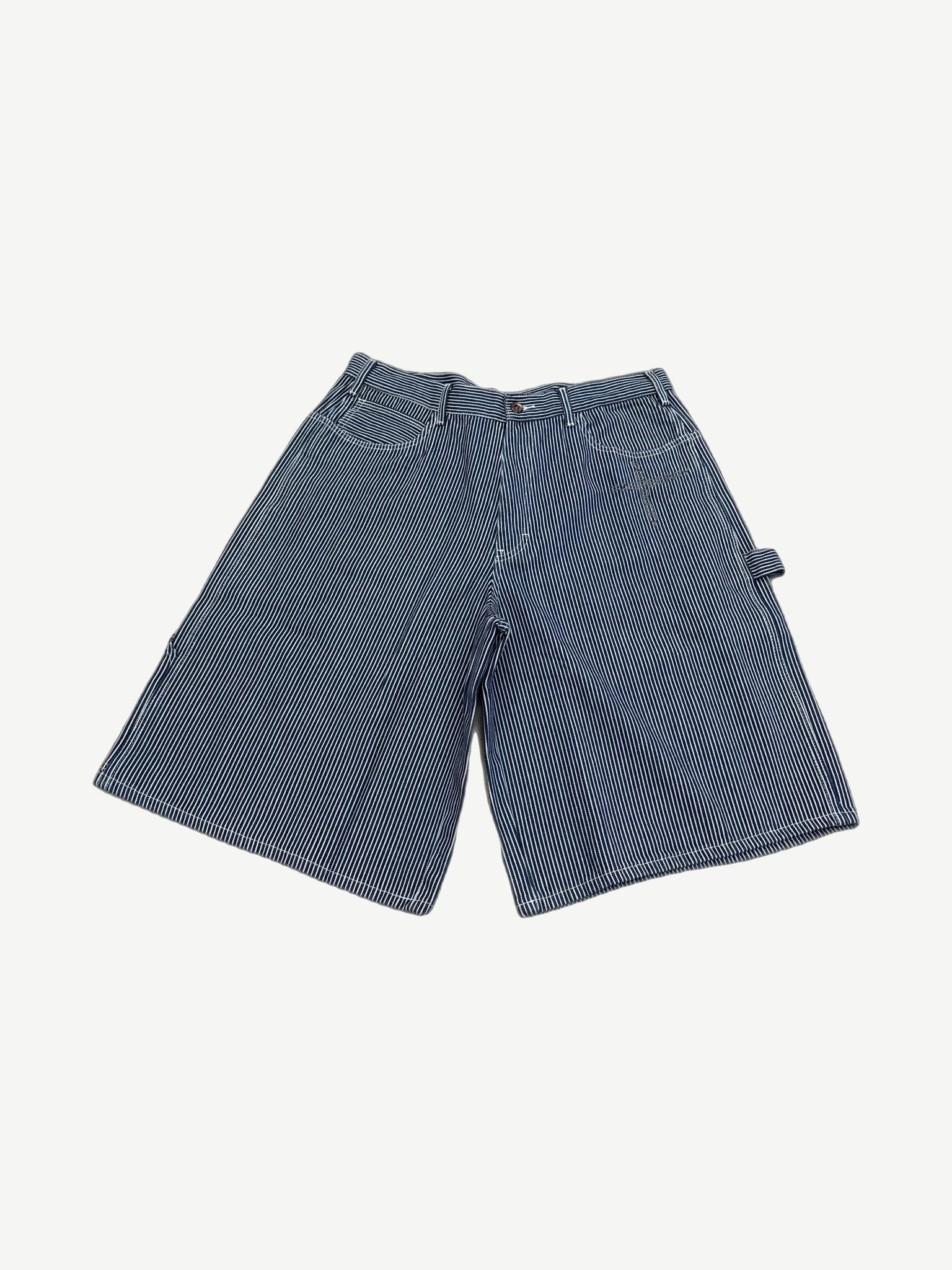 GV Gallery Raspberry Hills hickory pinstripe carpenter shorts front, navy and white stripes with side hammer loop.