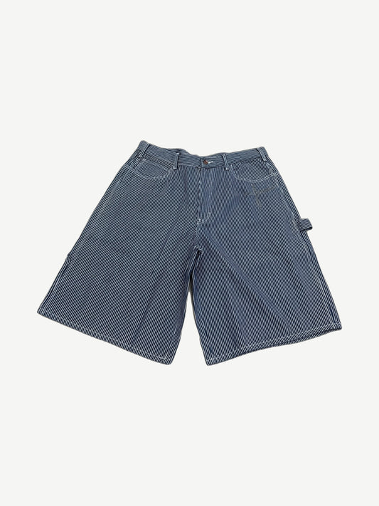 GV Gallery Raspberry Hills hickory pinstripe carpenter shorts front, navy and white stripes with side hammer loop.