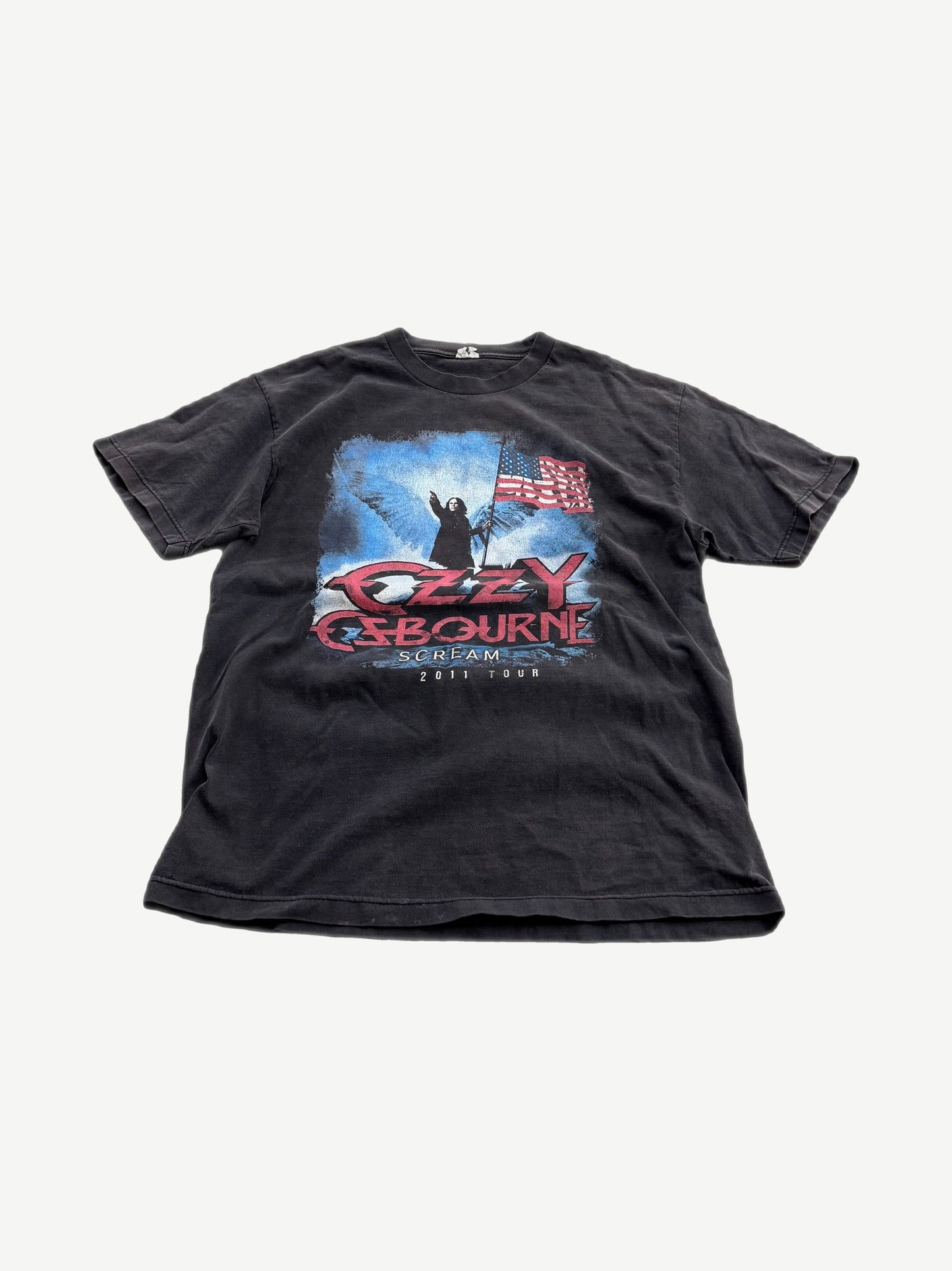 Vintage Ozzy Osbourne Scream 2011 Tour tee with American flag winged angel graphic on faded black.