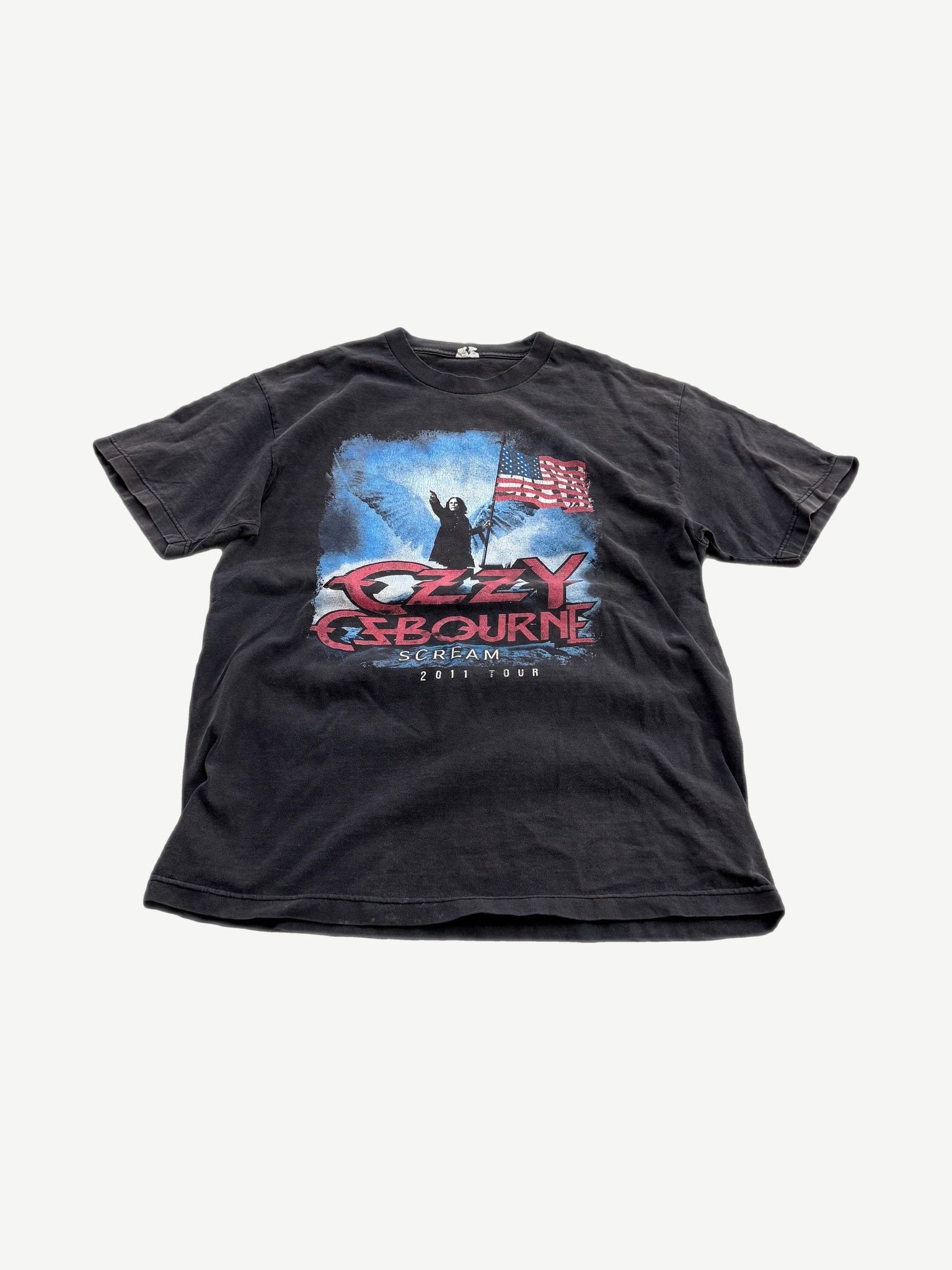 Vintage Ozzy Osbourne Scream 2011 Tour tee with American flag winged angel graphic on faded black.