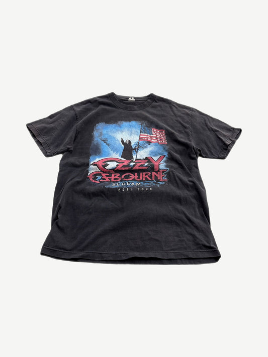 Vintage Ozzy Osbourne Scream 2011 Tour tee with American flag winged angel graphic on faded black.
