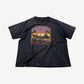 Vintage Harley Davidson Stateside Pride faded black tee front with biker saluting battleship sunset graphic
