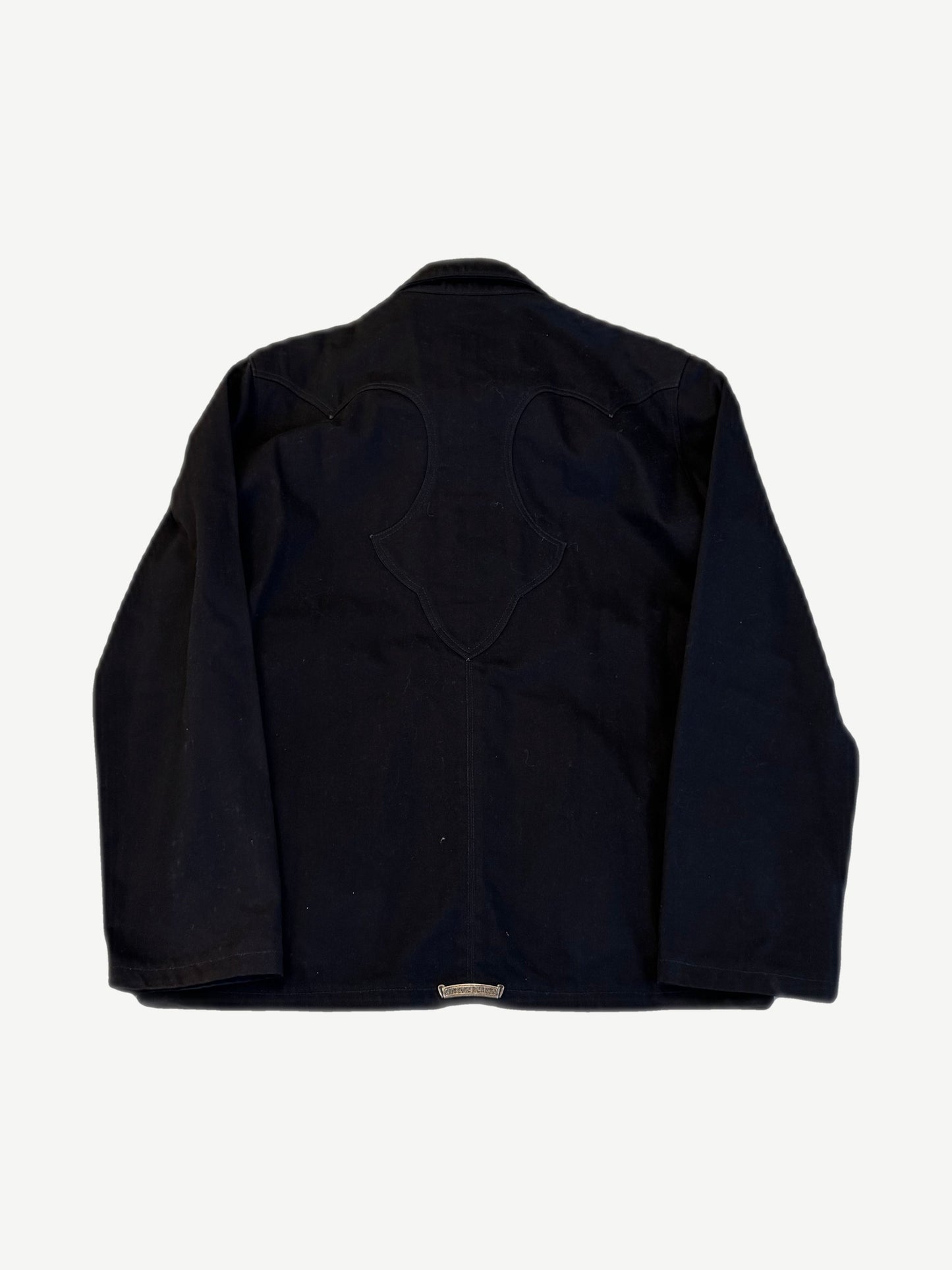 Chrome Hearts black western jacket back with sculpted heart-shaped yoke seaming and silver hem tab