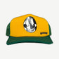Chrome Hearts Matty Boy yellow and green trucker hat with 99 Eyes cartoon face print and metal logo plaque