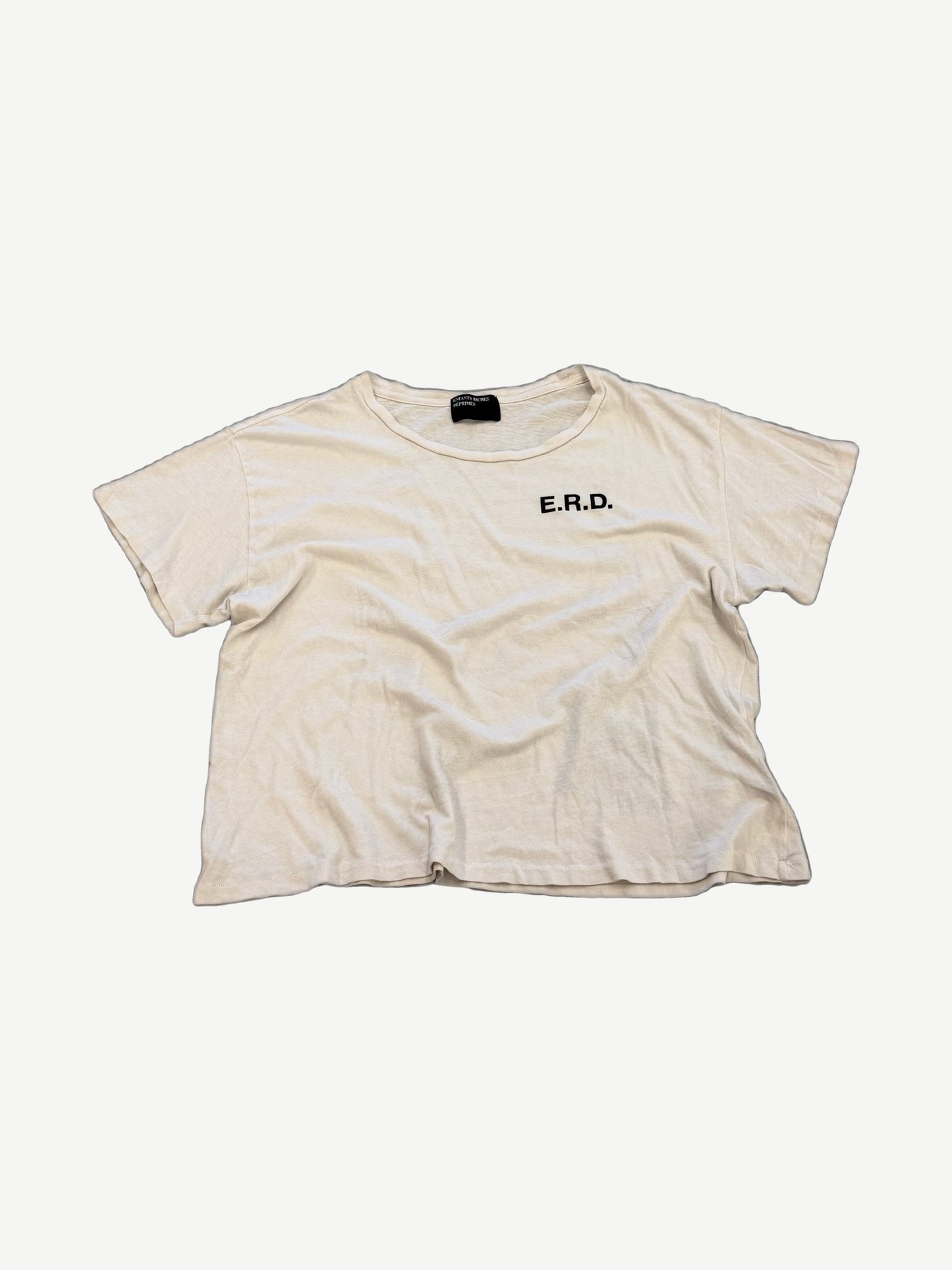 Enfants Riches Deprimes cream cotton tee front with small black E.R.D. logo on chest and crew neckline