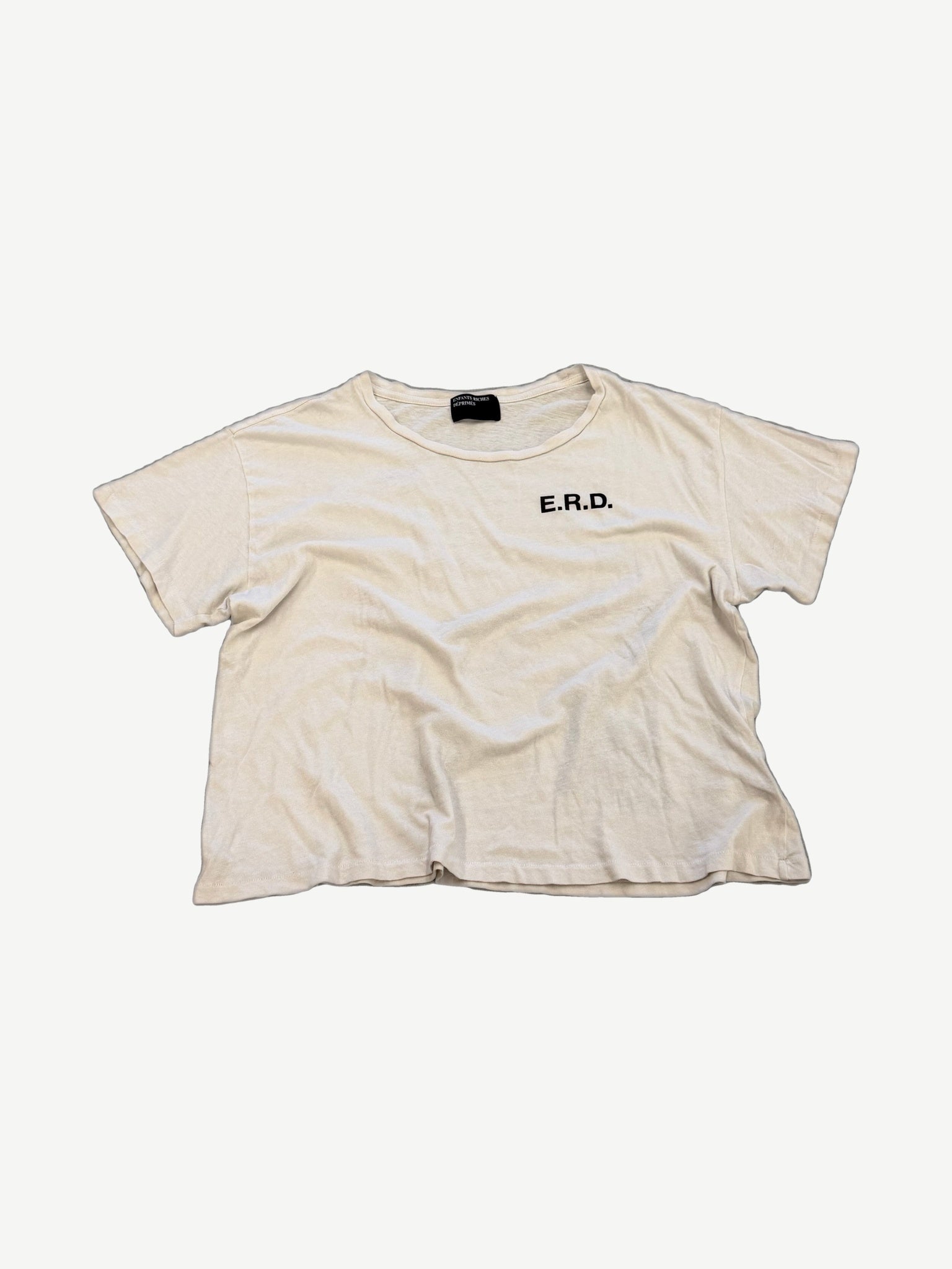 Enfants Riches Deprimes cream cotton tee front with small black E.R.D. logo on chest and crew neckline