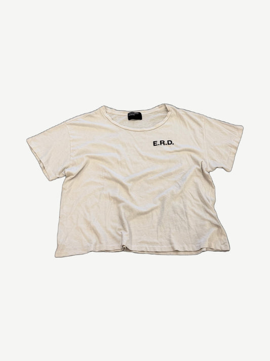 Enfants Riches Deprimes cream cotton tee front with small black E.R.D. logo on chest and crew neckline