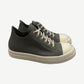 Rick Owens Hollywood low sneakers in celadon gray leather with white rubber cap toe and cream laces, side view