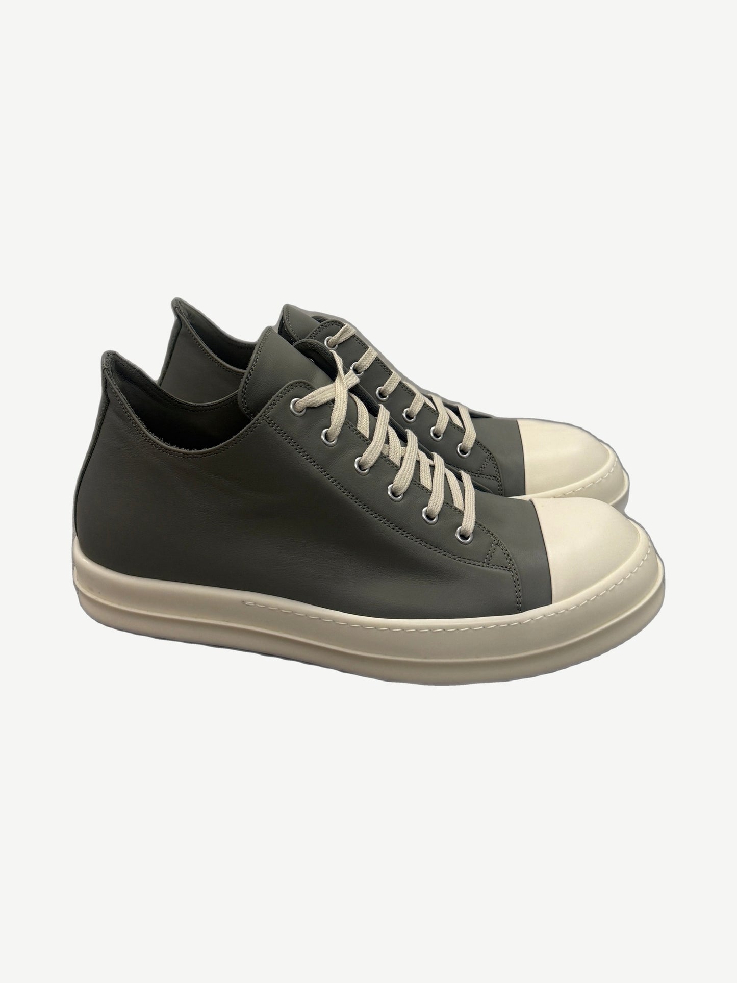 Rick Owens Hollywood low sneakers in celadon gray leather with white rubber cap toe and cream laces, side view