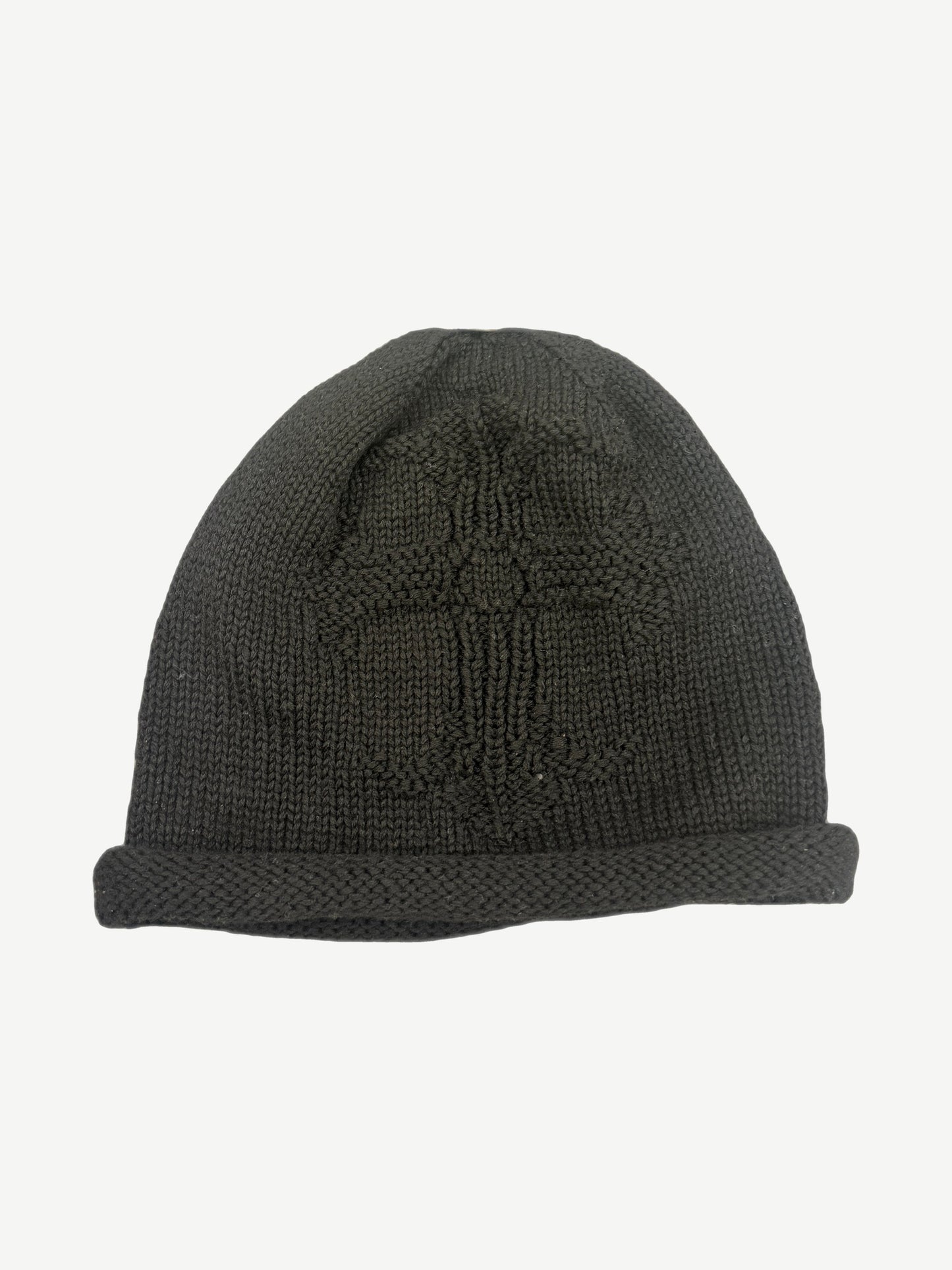 Chrome Hearts black cashmere beanie front, embroidered CH cross logo at folded cuff