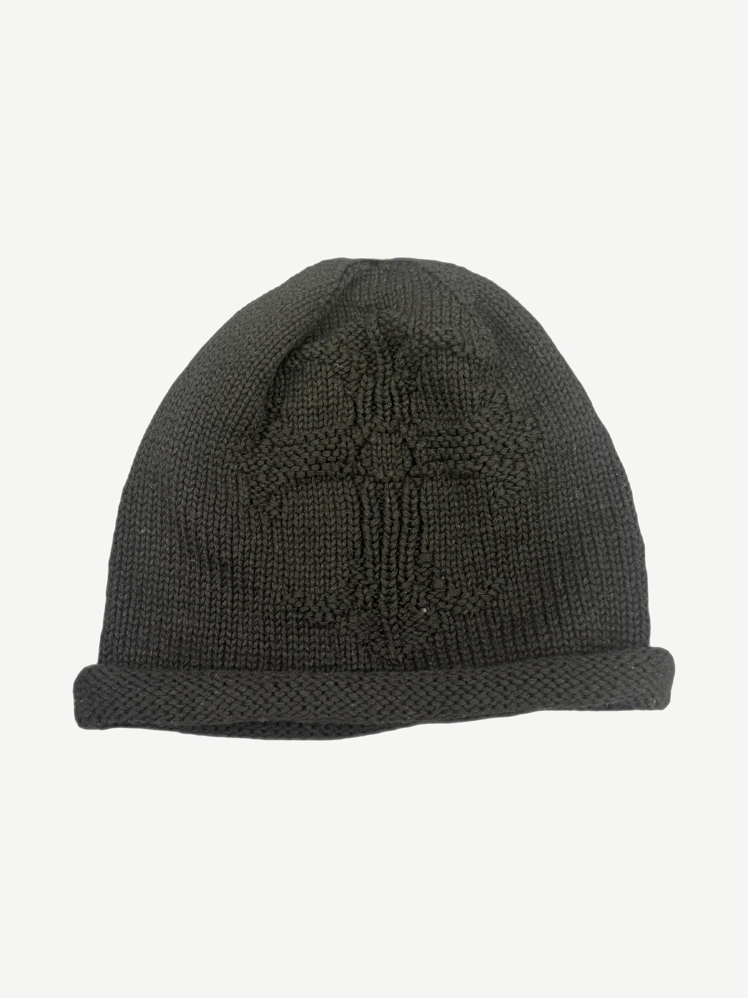 Chrome Hearts black cashmere beanie front, embroidered CH cross logo at folded cuff