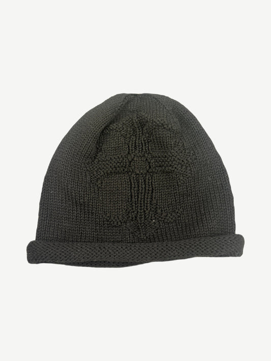 Chrome Hearts black cashmere beanie front, embroidered CH cross logo at folded cuff