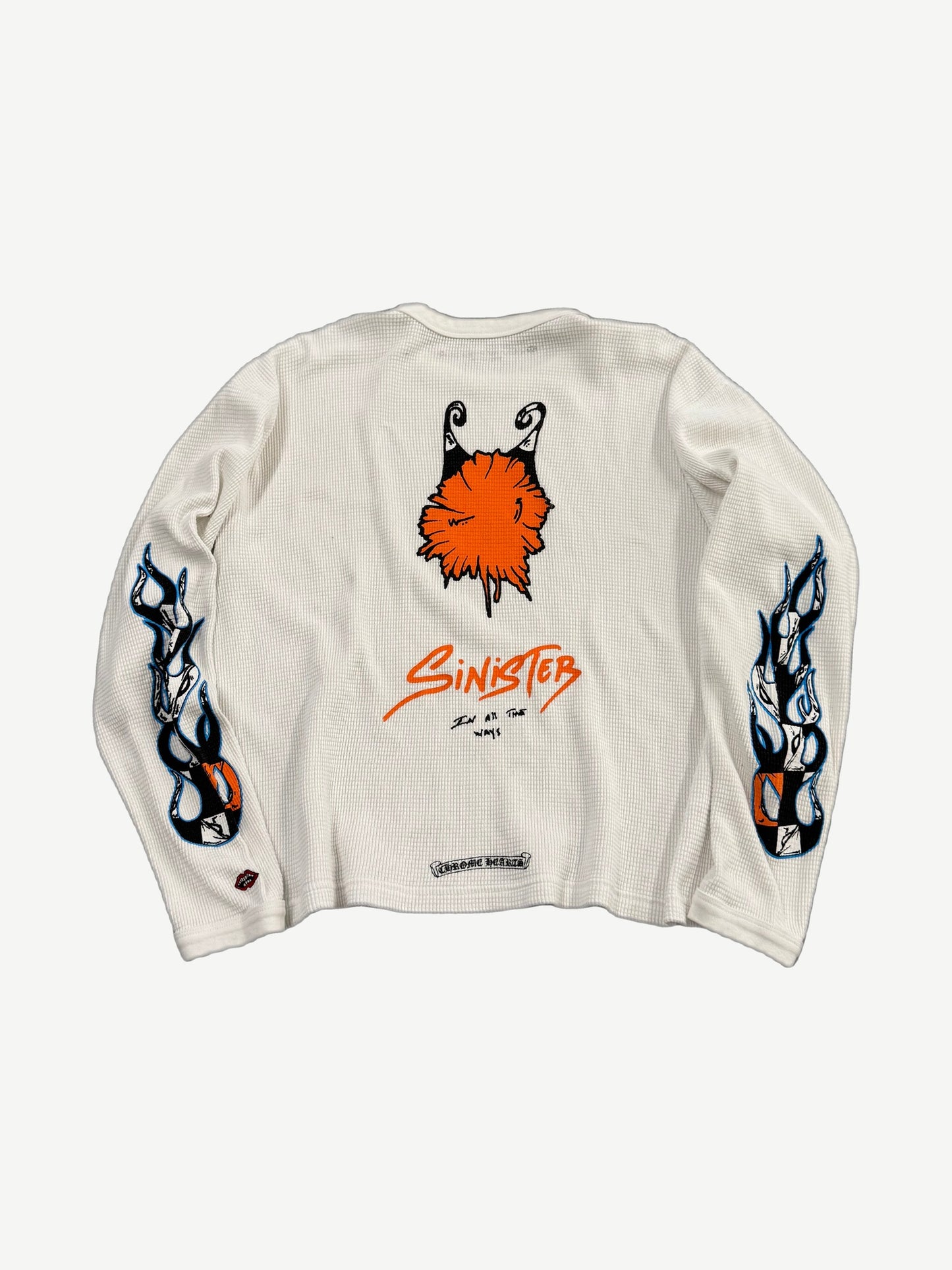 Chrome Hearts Sinister thermal back showing orange devil graphic with In All Ways script and flame sleeves.