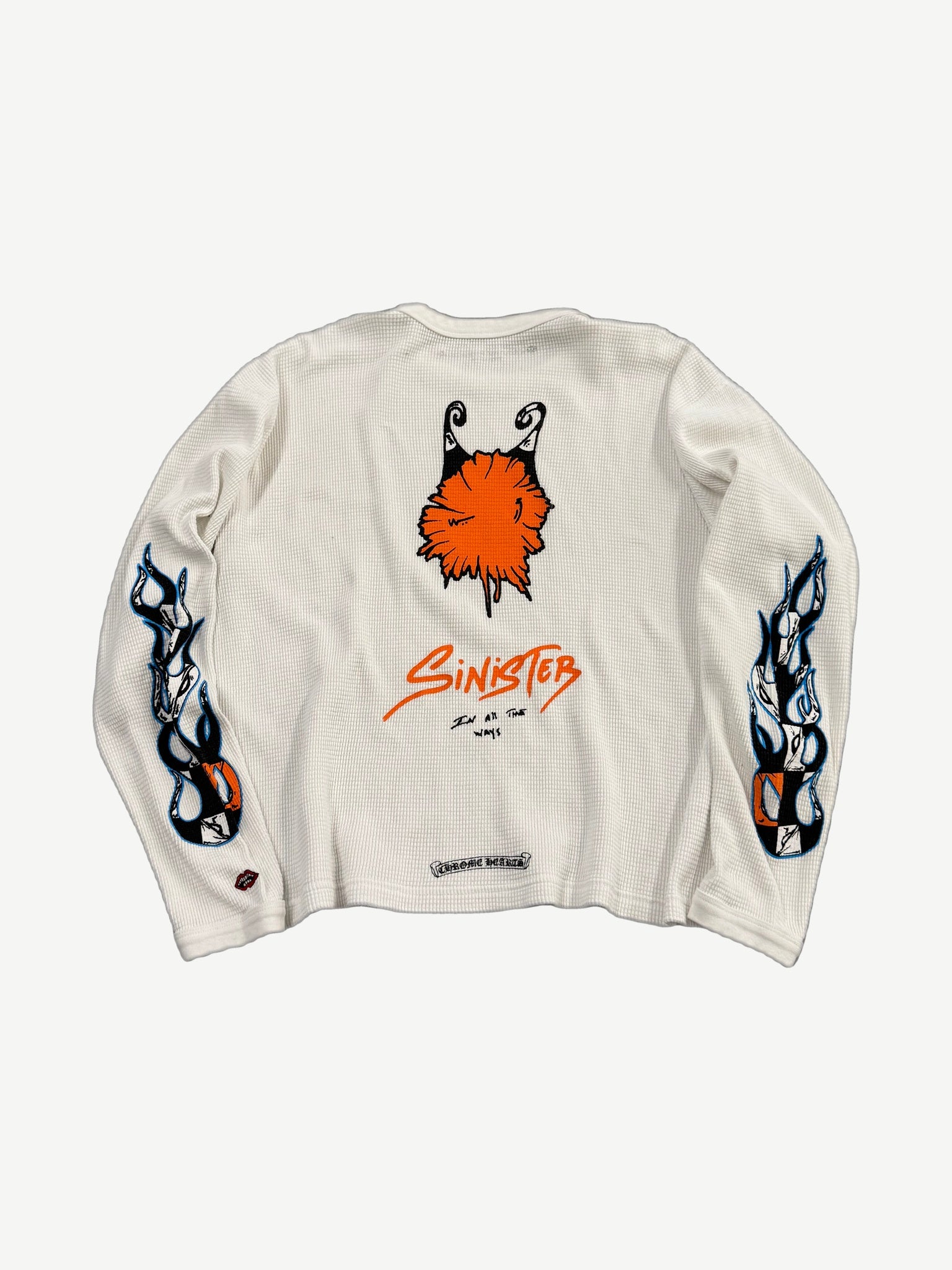 Chrome Hearts Sinister thermal back showing orange devil graphic with In All Ways script and flame sleeves.