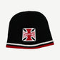 Vintage West Coast Choppers black knit beanie front with red and white iron cross Choppers patch and striped cuff