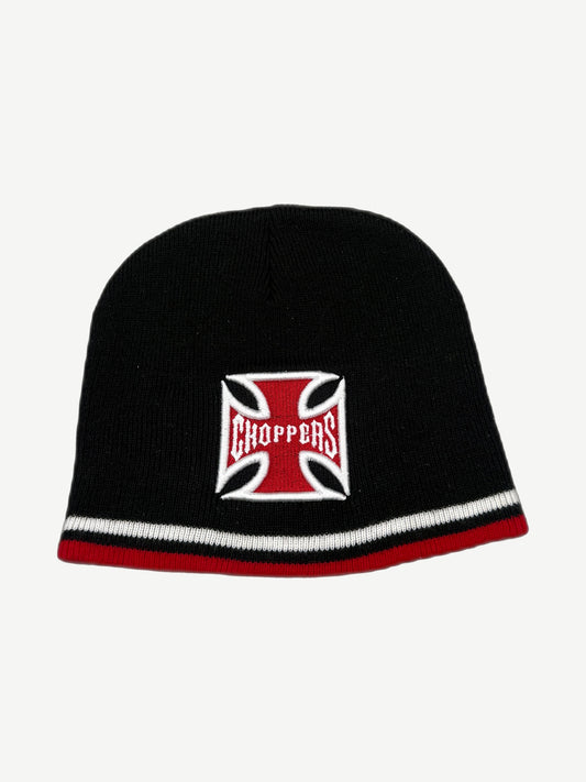 Vintage West Coast Choppers black knit beanie front with red and white iron cross Choppers patch and striped cuff