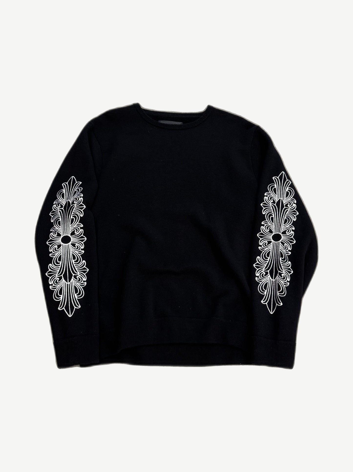 Chrome Hearts black cashmere crewneck sweater front view with white floral cross embroidery on both sleeves