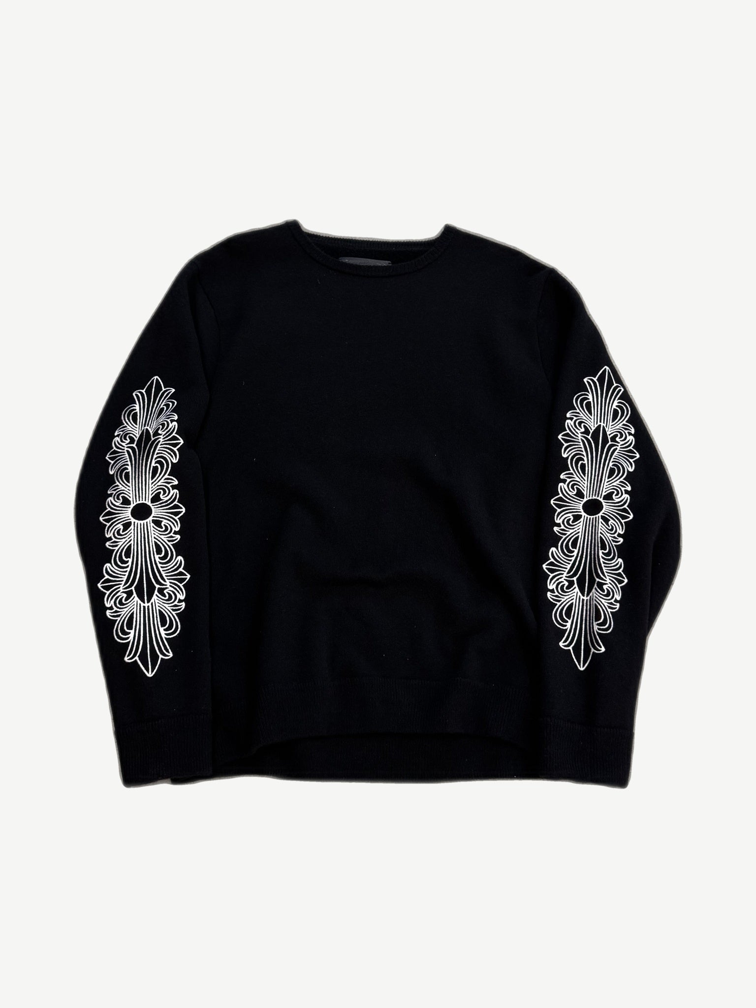 Chrome Hearts black cashmere crewneck sweater front view with white floral cross embroidery on both sleeves