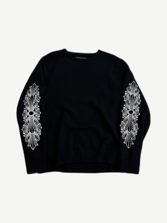 Chrome Hearts black cashmere crewneck sweater front view with white floral cross embroidery on both sleeves