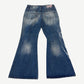 GV Gallery Raspberry Hills Miley Cyrus flare jeans front view, mid-rise blue denim with classic flare cut