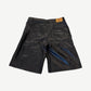 HMDD black leather lamb chop shorts back, I heart Chim leather waistband tag above twin patch pockets.