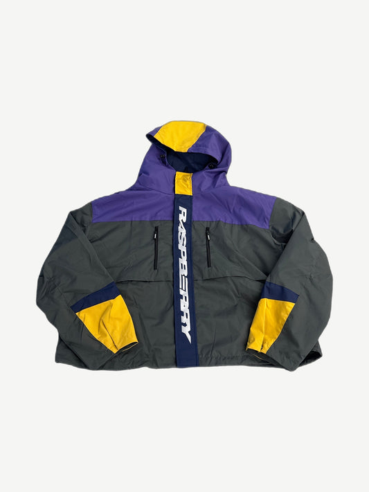 GV Gallery Raspberry Hills charcoal Shanghai rain jacket with purple and yellow color block panels