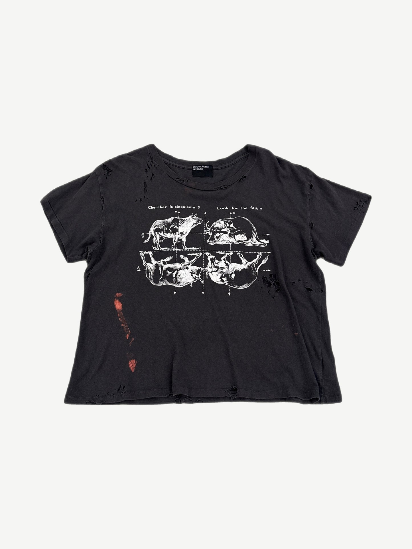 Enfants Riches Deprimes distressed black tee with Look for the Fifth bull illustration graphic and red paint marks