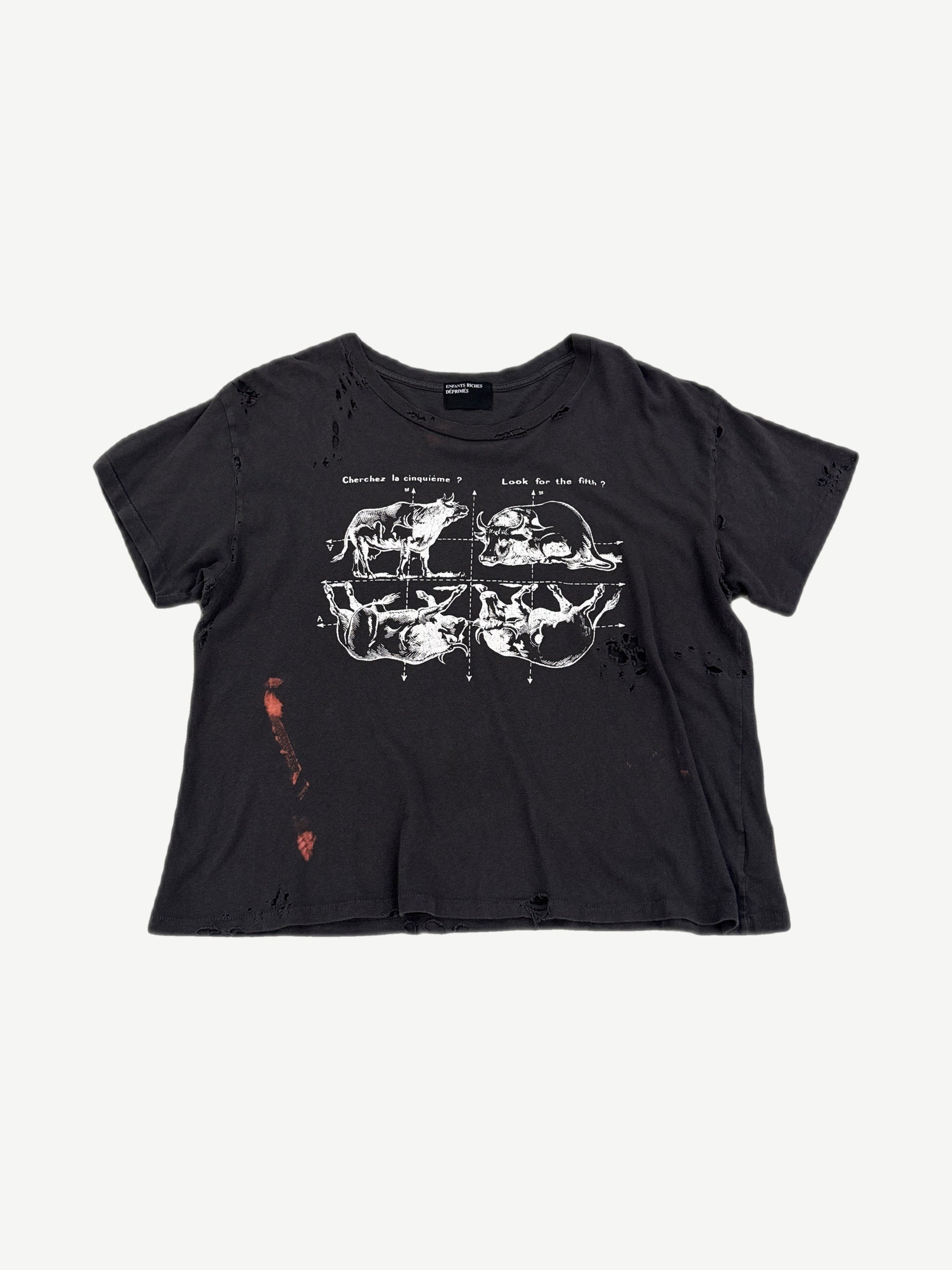 Enfants Riches Deprimes distressed black tee with Look for the Fifth bull illustration graphic and red paint marks